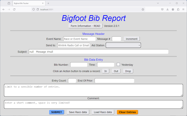 Bigfoot Bib Report Form appearance when first opened