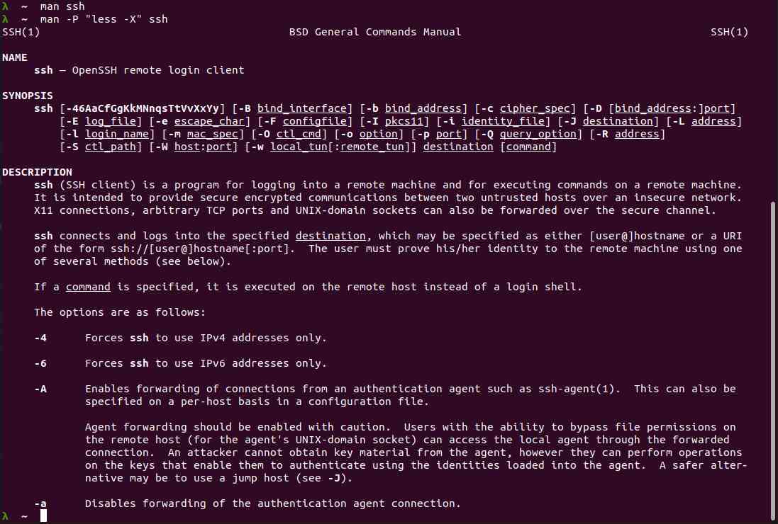 Screenshot of man command that keeps man pages in terminal scrollback output